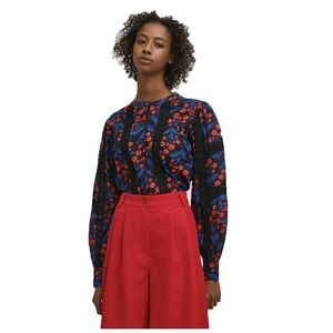 Compania Fantastica Women's Poppy Print Long-Sleeved‎ Shirt With Lace Size Sz XS